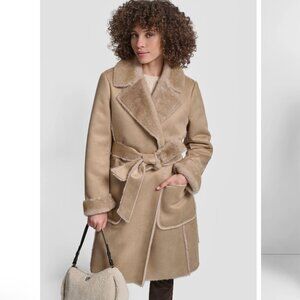NWT DKNY Women's Belted Notched-Collar Faux-Shearling Coat